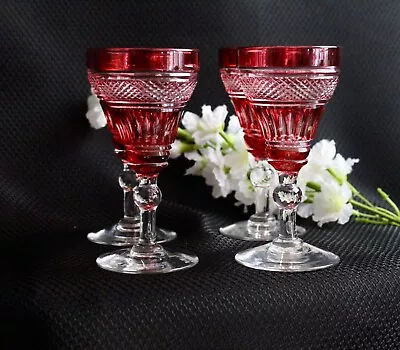 $50 • Buy Bohemian Cranberry Cut To Clear Crystal Sherry Glasses Set Of 4