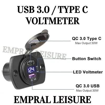 12v Camper Van USB Socket Charger Type C PD USB 3.0 Voltmeter Caravan Motorhome • £14.99