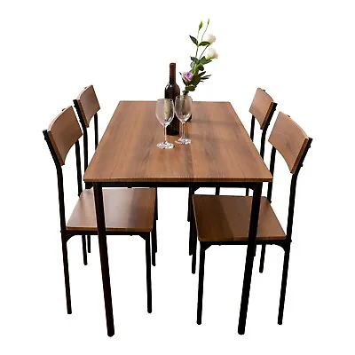 5 Piece Dining Room Set Kitchen 1 Table And 4 Chairs Metal Frame Brown • $199