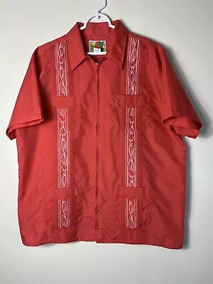 Haband Guayabera Shirt Mens Size Large Red Zip Pockets Hawaiian Short Sleeve • $12.99