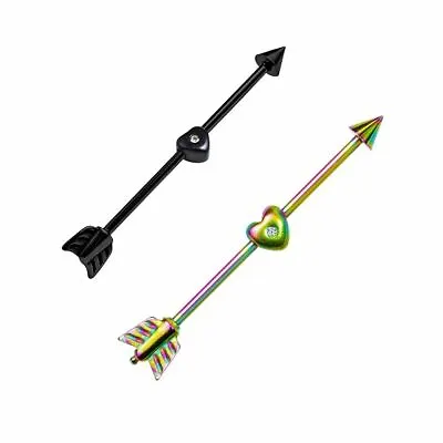$14.85 • Buy Arrow And Heart Anodized Titanium Industrial Barbell Black And Rainbow 14ga-2pc
