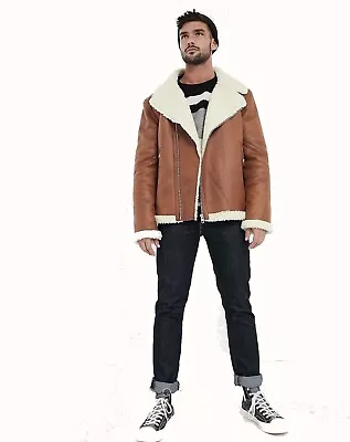 $150 NWT ASOS Men M Faux SHEARLING TAN Biker AVIATOR JACKET Winter Warm Luxury • $69