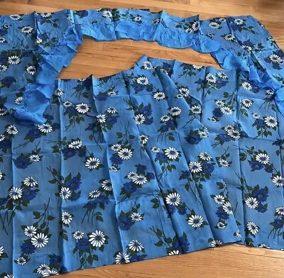 Vintage 70s Retro BLUE DAISY Rayon Curtain Panels & Swag~Sen-O-Press • $49.99