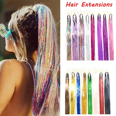 90-150 Strands Holographic Sparkle Women Long Hair Tinsel Extensions Glitter UK • £2.75