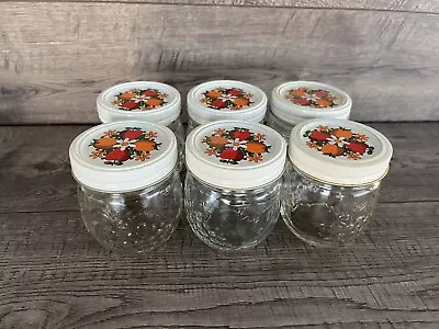 6 Vtg Kerr Fruit Decorated Jam & Jelly 8 Oz Canning Jars 70610-00105 White Lids • $22.49