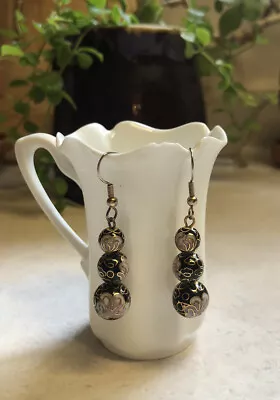 Vintage Chinese Cloisonné Floral Hook Earrings Ball Shapes Black Gold Pink • $11.99