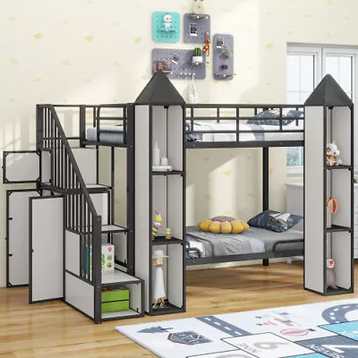 Heavy Duty Metal Bunk Bed With Staircases Wardrobe Castle-shaped Storage Shelves • $659.99