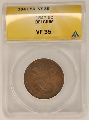 1847 Belgium Copper 5 Centimes 5C. Coin VF35 ANACS Leopold I Seated Lion 1B • $125