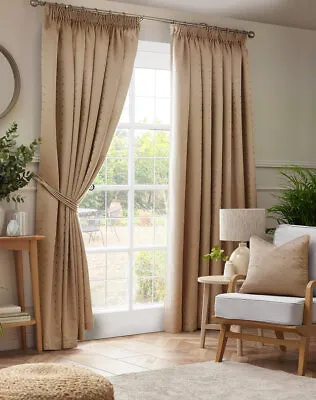 Latte Madison Dobby Fabric Squares Lined Tape Top Pencil Pleat Curtains Pair • £31.99