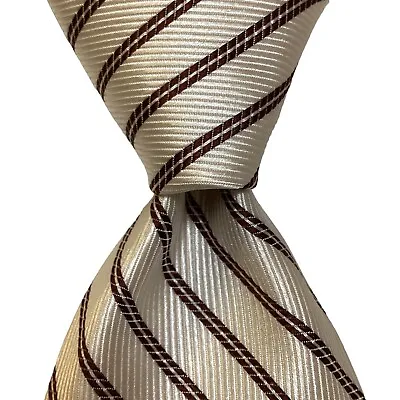 BVLGARI SEVENFOLD Men's 100% Silk Necktie ITALY Luxury STRIPED White/Brown EUC • $104.99