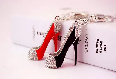 Black Red High Heeled Shoe Shaped Diamante Rhinestone Bag Charms Handbag Keyring • £5.49