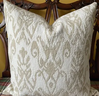 $100 • Buy Ralph Lauren EZRA DAMASK Alasbaster Thick Italian Woven Linen Pillow Cover 