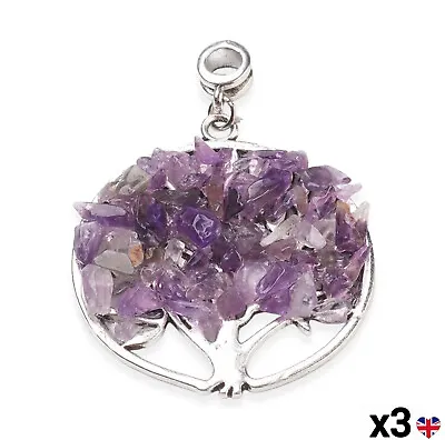 £4.89 • Buy 3x Tree Of Life Amethyst Gemstone Pendant Charm Crystal Healing Jewellery Silver