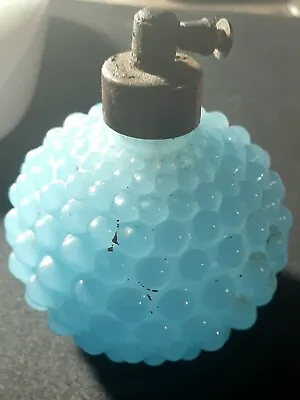 Vintage Glass Light BLUE Hobnail Perfume Bottle Metal Atomizer Stamped JAPAN • $27.99