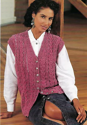 Ladies Long Lace & Cable Sleeveless Tunic Waistcoat KNITTING PATTERN Aran 30 -40 • £2.15