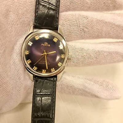 Vintage Fortis Hand Winding 17 J Swiss Movt Unique Purple Dial Men's Wrist Watch • $199.95