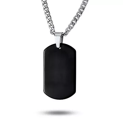 Engrave Mens Black Titanium Dog Tag Pendant Necklace Stainless Steel • $35.99