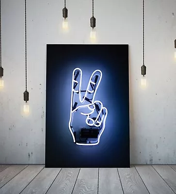 £64.99 • Buy Neon Sign Peace Sign- Deep Framed Canvas Wall Art Picture Print- Black Blue