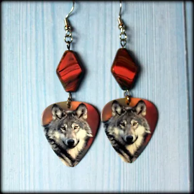 Wolf Guitar Pick Earrings Handmade Wild • $7