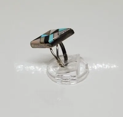 Vintage Silver Tone Blue Turquoise Ring MOP Onyx Inlay Handmade Size 6.5 • $28.99