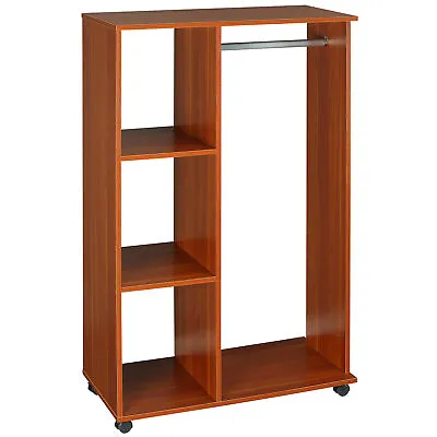 HOMCOM Rolling Open Wardrobe Hanging Rail Storage Shelves For Clothes Walnut • £54.99