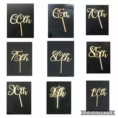 Happy Birthday Cake Topper Gold Mirror Acrylic 60 65th 70 75 80 85 90th 95 100  • £3.80