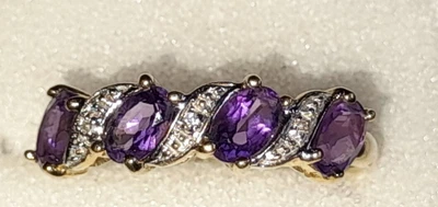 £129 • Buy Uk Hallmarked 9ct Yellow Gold Pretty Natural Amethyst & Diamond Band Ring Sz O/P