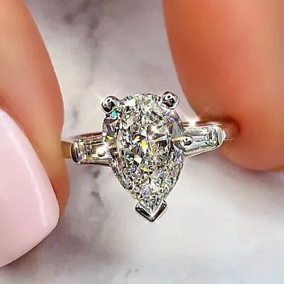 3.50 Carat Pear Cut VVS1 Moissanite 3 Stone Engagement Ring 14K Solid White Gold • $327.11