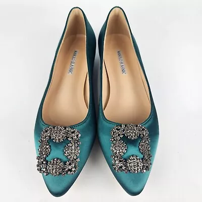 Manolo Blahnik Crystal Embellished Hangisi Silky Satin Green 39 Classic Flat • $429.99