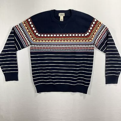 LL BEAN Cotton Cashmere Sweater Fair Isle Wicked Soft Mens M Forest Navy • $24.99