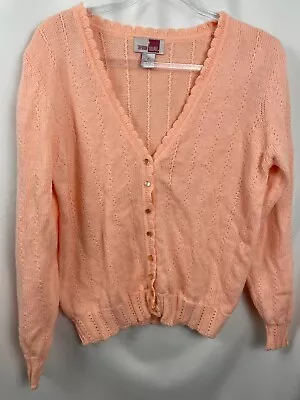 Vintage Grannycore Women's Pink Knit Acrylic Cardigan Sz M Shoulder Pads Buttons • $28