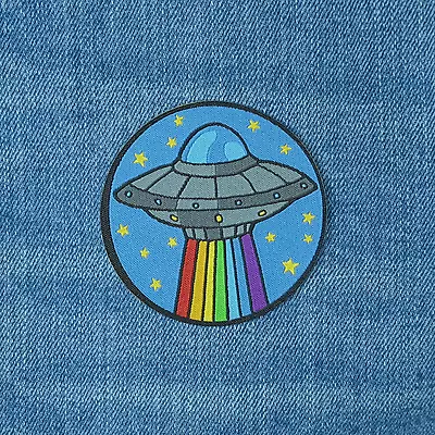 Flying Saucer Rainbow UFO Embroidered Patch Badge Sew On Iron On NASA Space Gift • £1.39