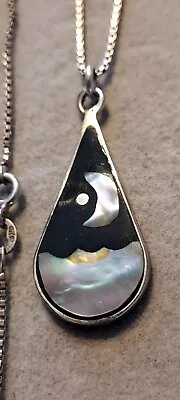 VTG 925 Sterling Silver Genuine Onyx-Abalone Moon-Star Pendant/Necklace-18  • $29.95