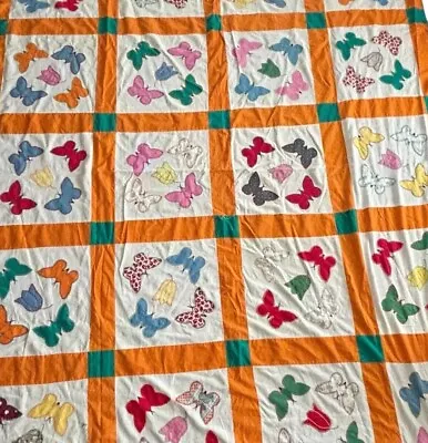 VTG Quilt Top Hand Embroidered Appliqué Butterfly Tulip 73x92 Cutter Feed Sack • $56