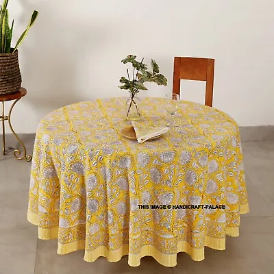 £31.19 • Buy Floral Block Print Cotton Round Tablecloth Round 72 In Yellow White Linen Indian