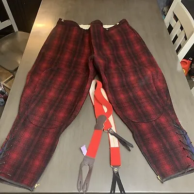 Vtg Woolrich Pants Men 42x27 Red Double Knee Buffalo Plaid 40s 50s Suspenders • $79.99