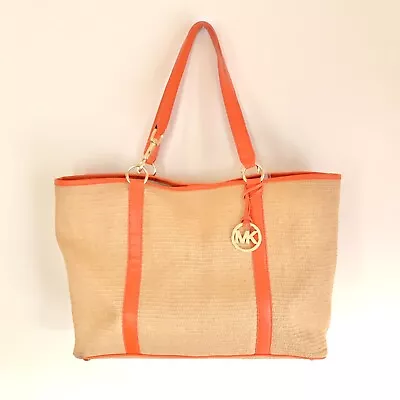 Michael Kors Tote Bag Tan Woven Straw Orange Leather Trim Purse Travel Beach Bag • $34.99