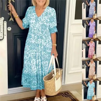 Holiday Ladies Floral Boho Beach Sundress Kaftan Midi Dress Party Casual Dresses • £12.59