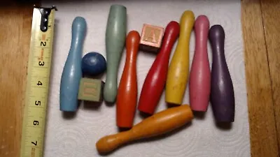 $34.79 • Buy 9 Piece Set Vintage Colored Miniature Wood Bowling Pin Game Mini Toy Children