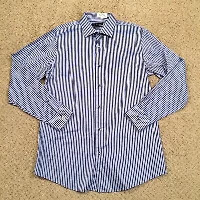 Marc Anthony Shirt Mens 16.5 Slim Blue Striped Long Sleeve Button Up Cotton • $11.99