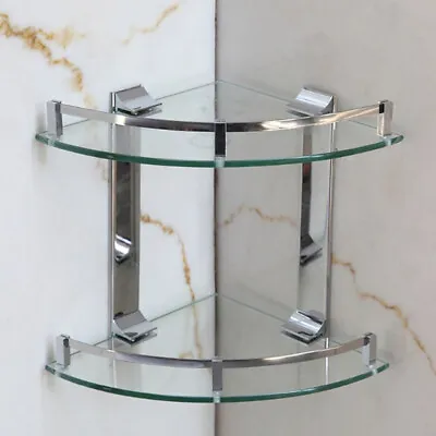  2 Tier Clear Glass Corner Bathroom Toilet Shelf Wall Mountedstorage Shelves New • £11.94