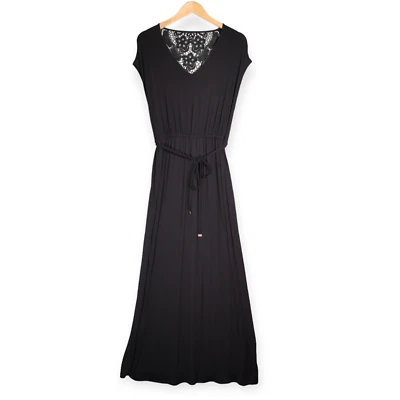 $28 • Buy DOROTHY PERKINS Size 16 Black Cap Sleeve Maxi Dress Crochet Panel Elastic Waist
