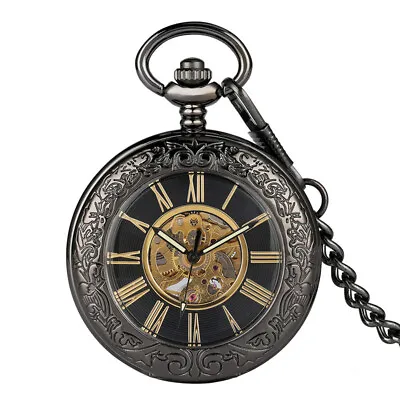 Men Skeleton Roman Numerals Mechanical Pocket Watch With Chain  Black Tone Case • £20.27