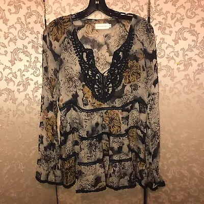 Johnny Was 4 Love And Liberty Brown Black Tiered Sheer Lace Top Size XS • $59.99