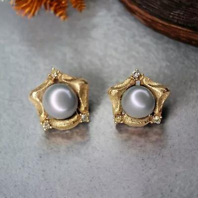 Vintage Clip On Earrings Gold Tone Faux Pearls Rhinestones Fashion Jewelry Clasp • $10.85