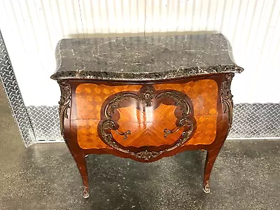 MID 20th C  LOUIS 16TH BOMBE BRONZE INLAID COMMODE W MARBLE TOP • $750