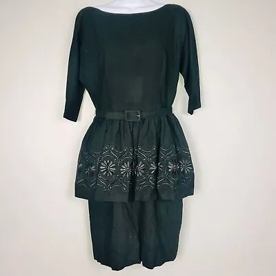 Vintage Womens Dress Size M Black Short Sleeve A Line Belted Floral Embroidered • $55.97