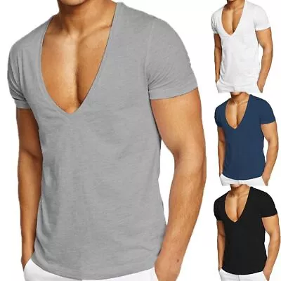 Men's Deep V-Neck Shirts Short Sleeves Low Cut T-Shirt Cotton Top Muscle T-Shirt • $14.99