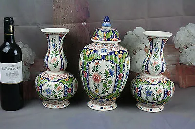 Set  3 DELFT Polychrome Pottery Vases Marked Floral Decor Mantel Garniture • $292.50