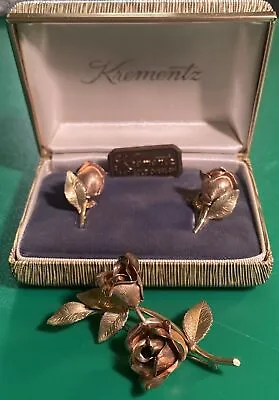 VTG Krementz Rose Flower Pin Brooch & Earrings  Case 14K Gold Overlay (AN1223-1) • $49.95